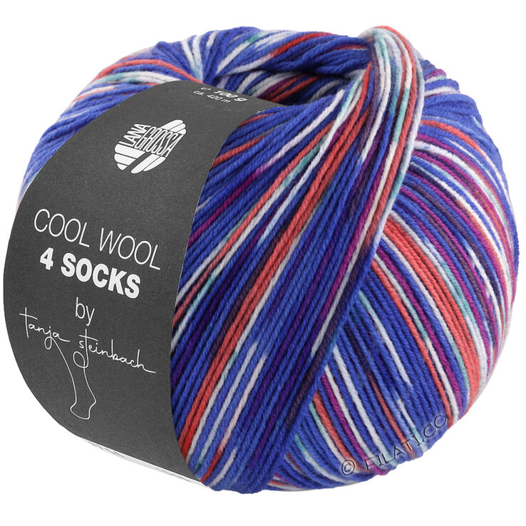 Lana Grossa COOL WOOL 4 SOCKS PRINT III | 7202-azul cobalto/arcilla roja/blanco/jade/fucsia oscuro/azul claro