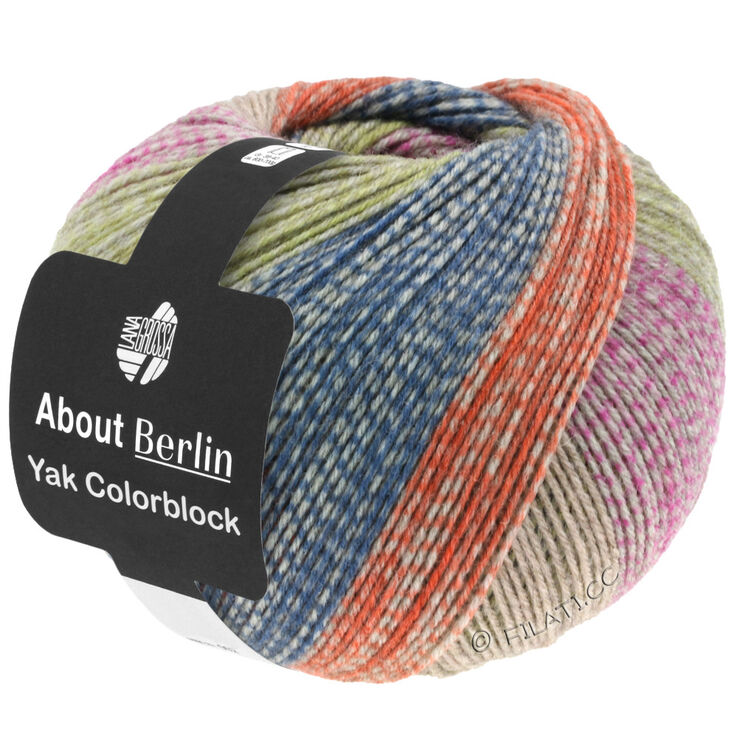 Lana Grossa MEILENWEIT 100g Yak Colorblock (ABOUT BERLIN) | 631-rosa vívida/gris/naranja/jeans/verde amarillento mezcla