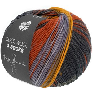 Lana Grossa COOL WOOL 4 SOCKS PRINT II | 7794-gris verde/gris marrón/amarillo naranja/gris púrpura/herrumbre/gris oscuro