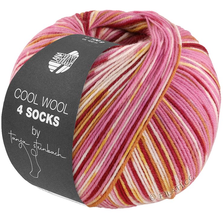 Lana Grossa COOL WOOL 4 SOCKS PRINT III | 7201-rosa vívida/vino tinto/color crudo/amarillo/camello