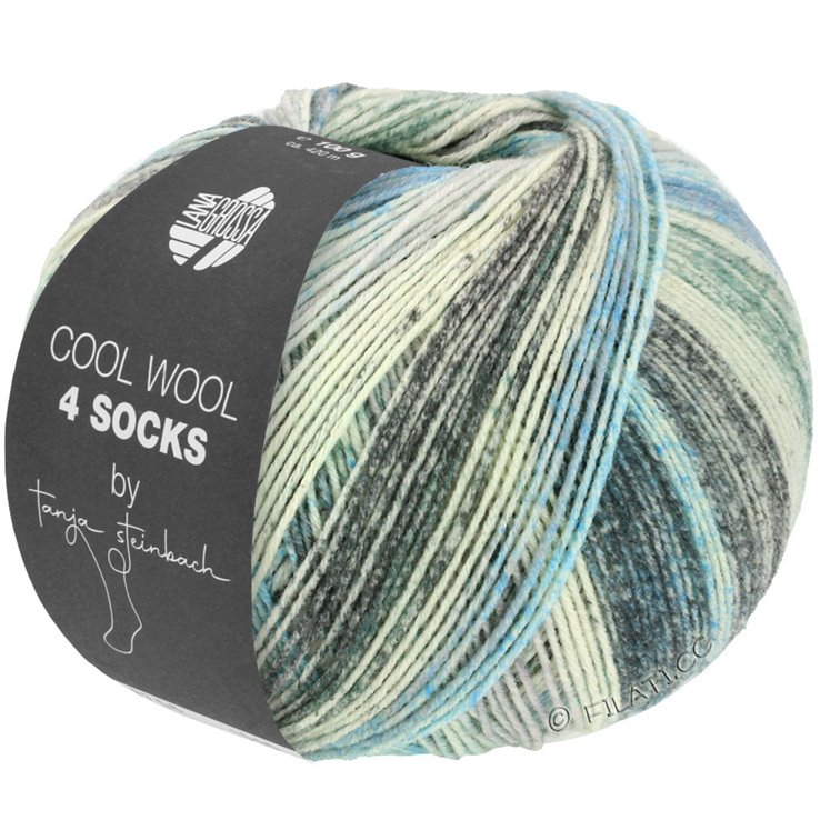 Lana Grossa COOL WOOL 4 SOCKS PRINT | 7751-gris claro/gris medio/gris oscuro/azul claro/jeans/gris verde